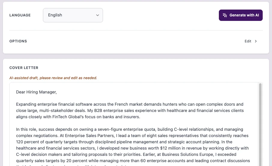AI assistant generating tailored CV content and cover letters.