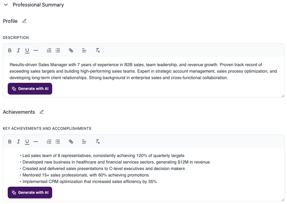 AI assistant generating tailored CV content and cover letters.