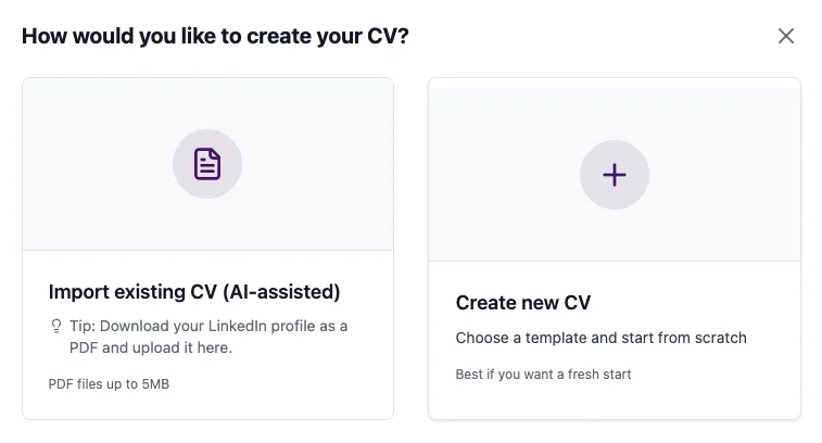 CV editor with live A4 preview and template selection.