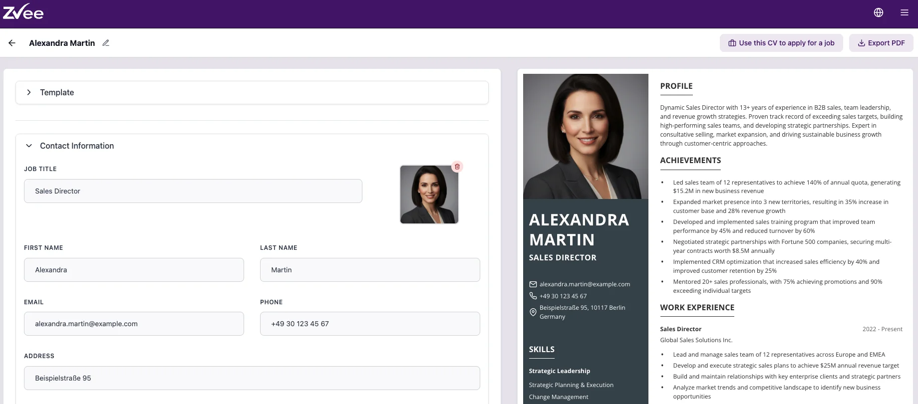 CV editor with live A4 preview and template selection.