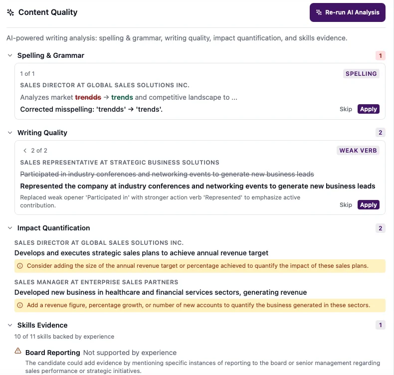 CV diagnostics showing structural checks and AI-powered writing analysis.