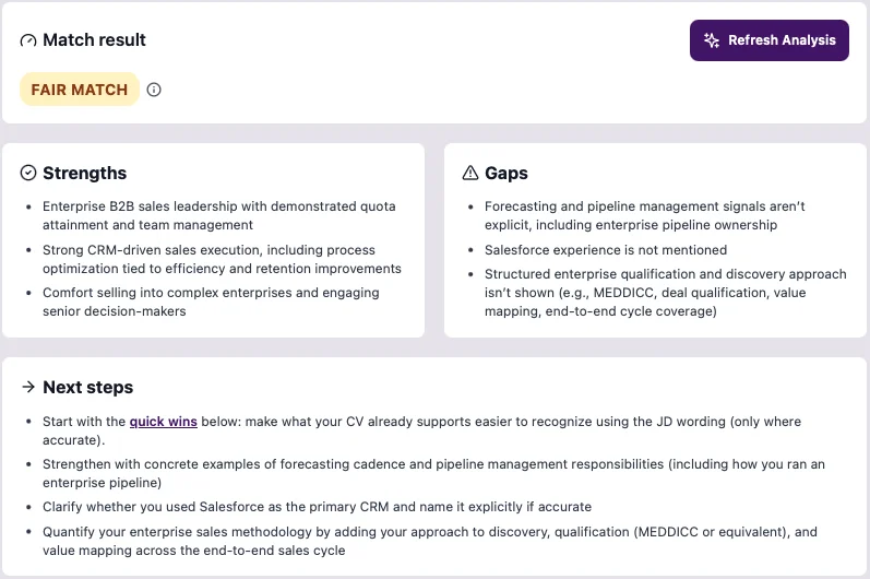 Job match report showing strengths, gaps, and fit-gap analysis.
